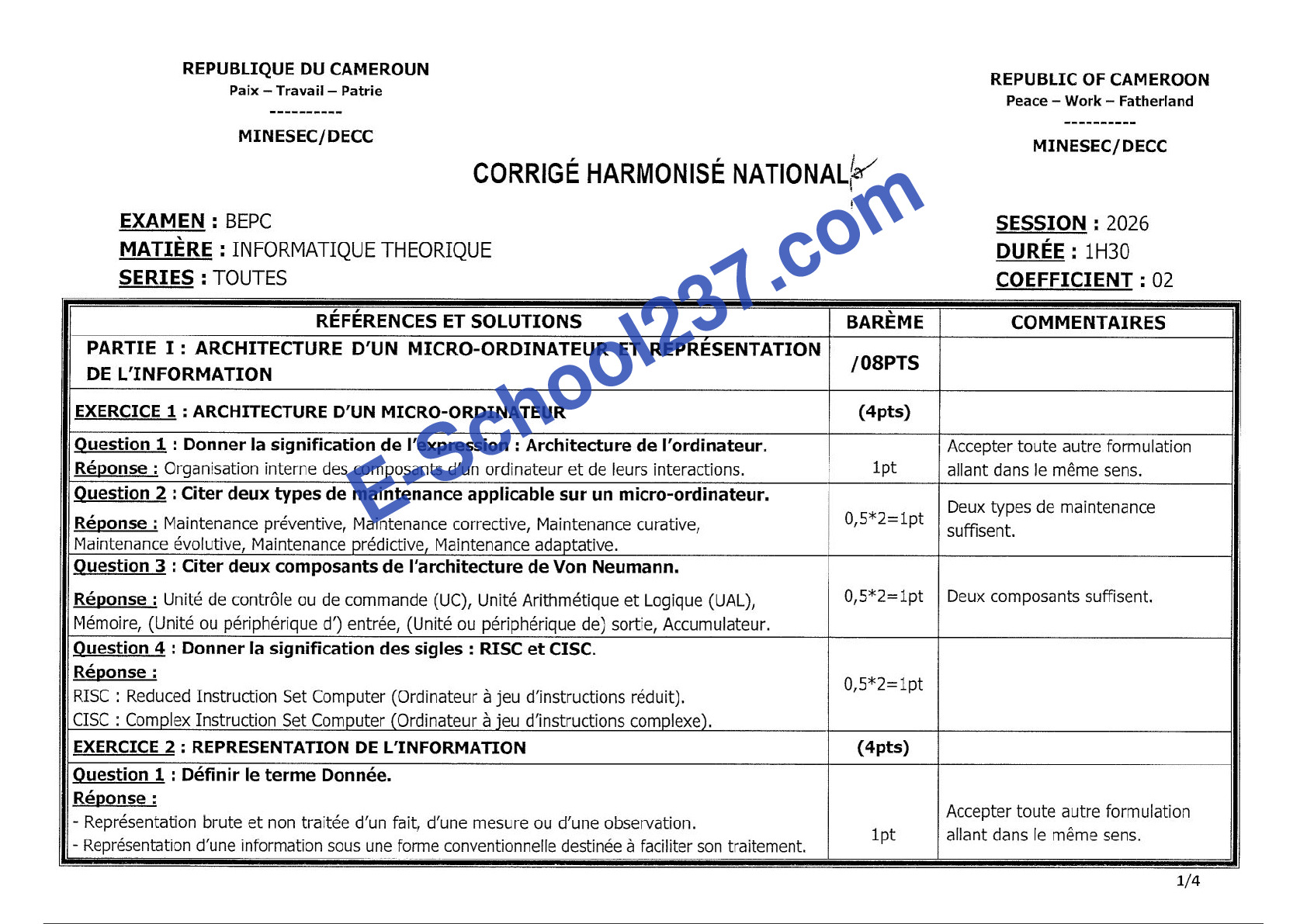 Corrigé Harmonisé National Info Théorique BEPC 2026